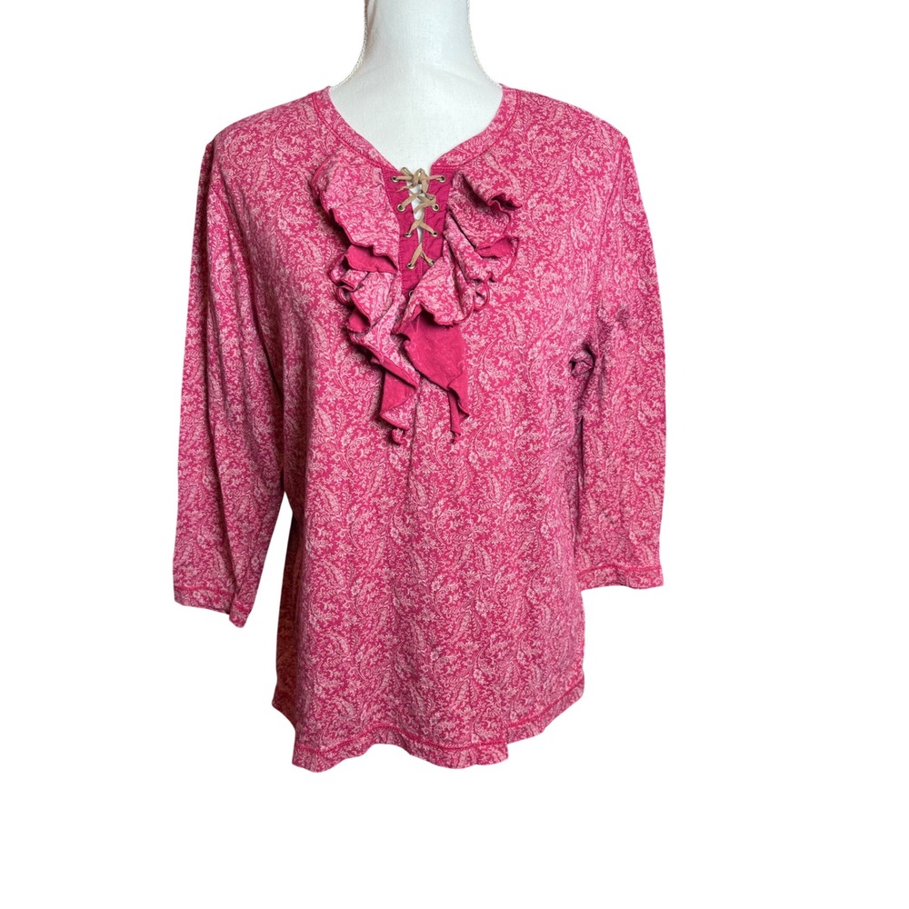 Lauren Jeans Co Ralph Lauren Bohemian Paisley Ruffle Lace Up 100% Cotton Top XL